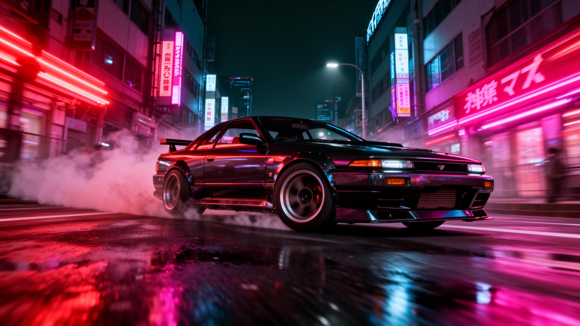 JDM tuner haciendo drift en una calle nocturna con luces neón