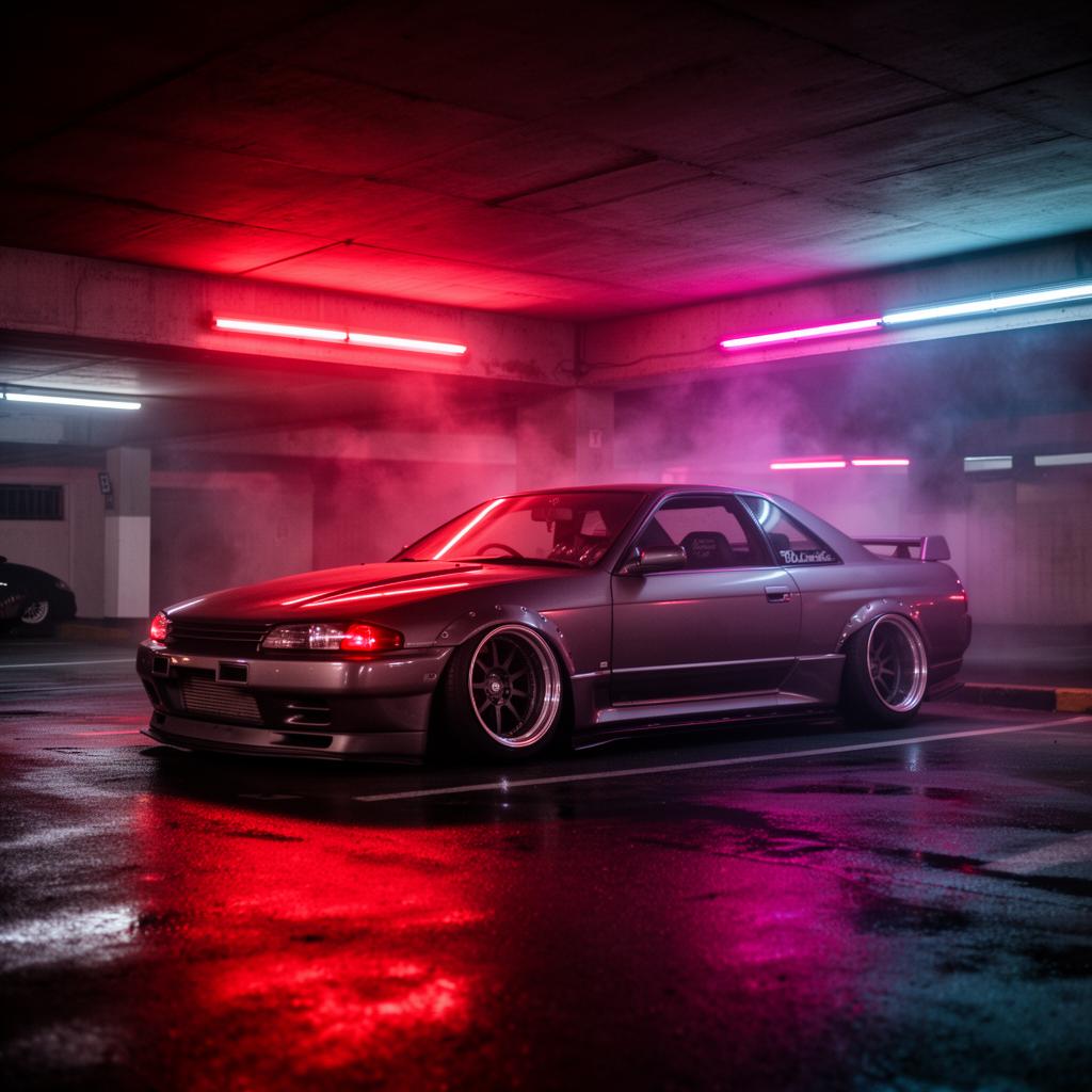 Carro tuner en garage neón